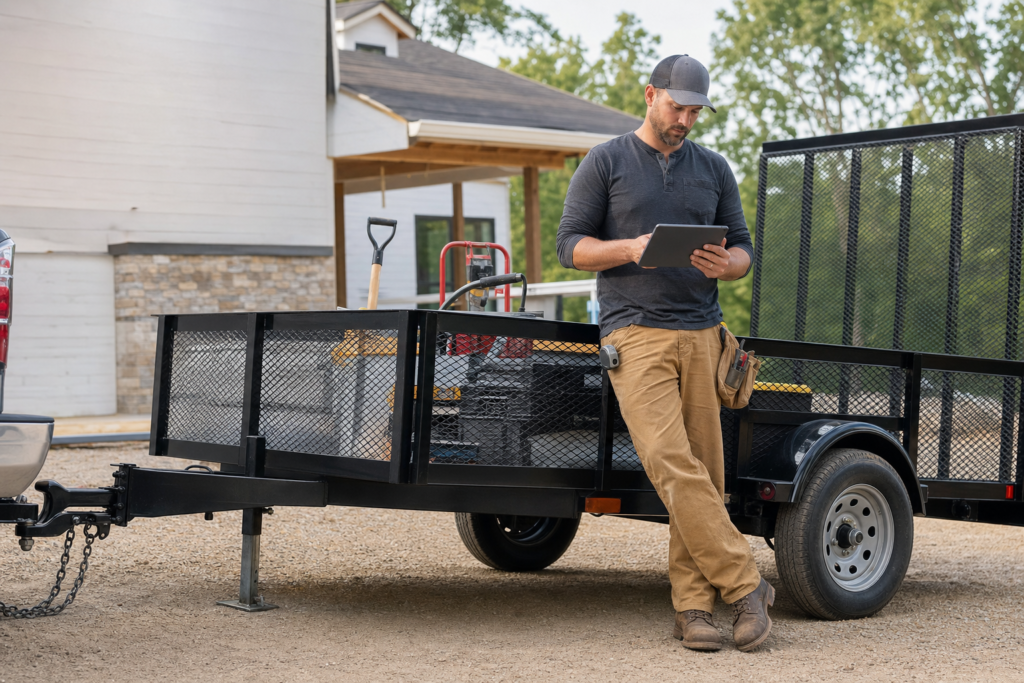 Contractor reviewing a job plan beside a utility trailer